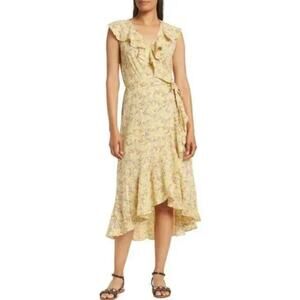 Max Studio Summer Wrap Dress Ruffle Midi Yellow Floral Flowy Hi Lo Sz L